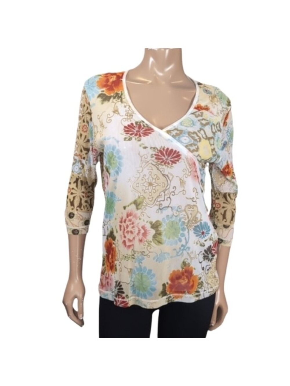 Vintage Y2K Olsen Floral Vneck Mesh Blouse Womens Size 12 Multicolour Top